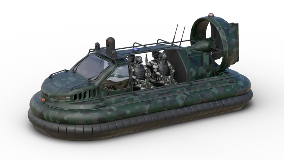Visualisierung eines Militär-Luftkissenboots mit Besatzung