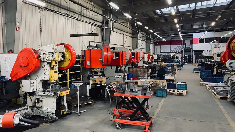 A row of eccentric presses in the press shop